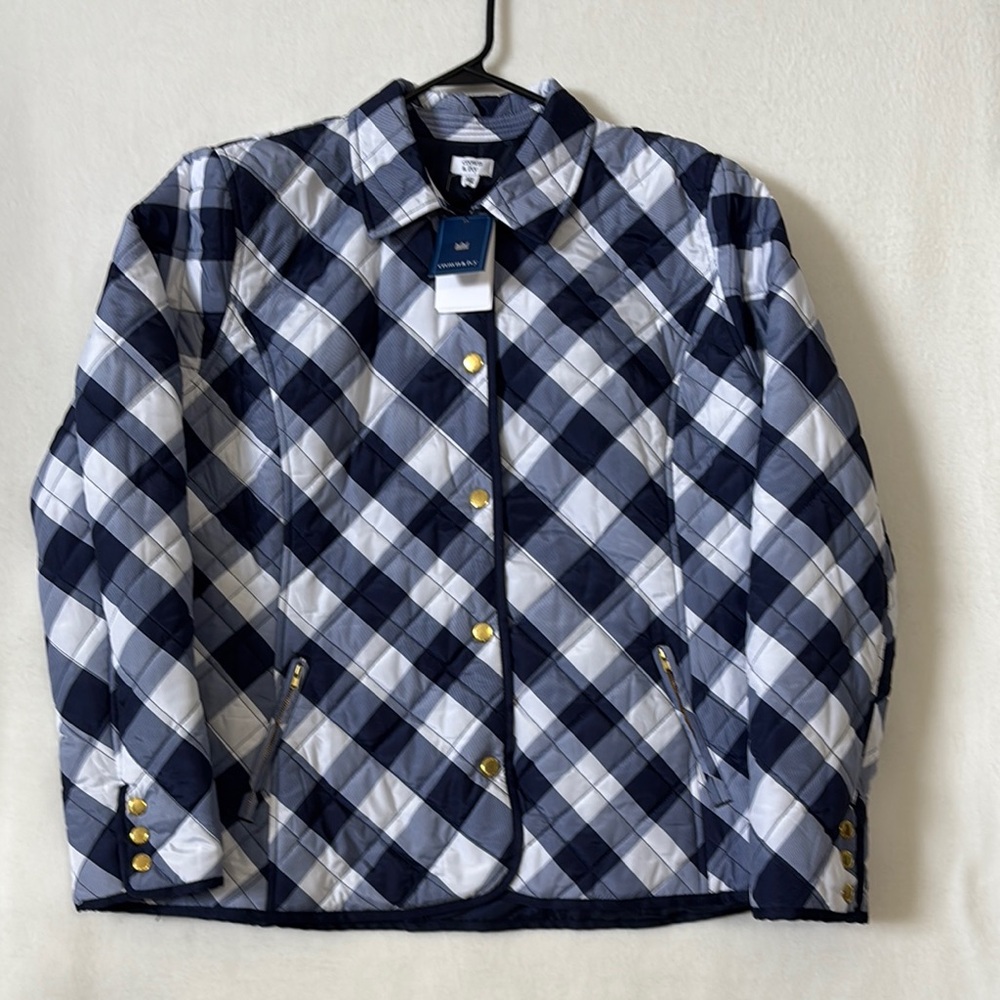 Crown & Ivy Women’s Sz XXL White Navy Gingham barn jacket Gold Snap Button
